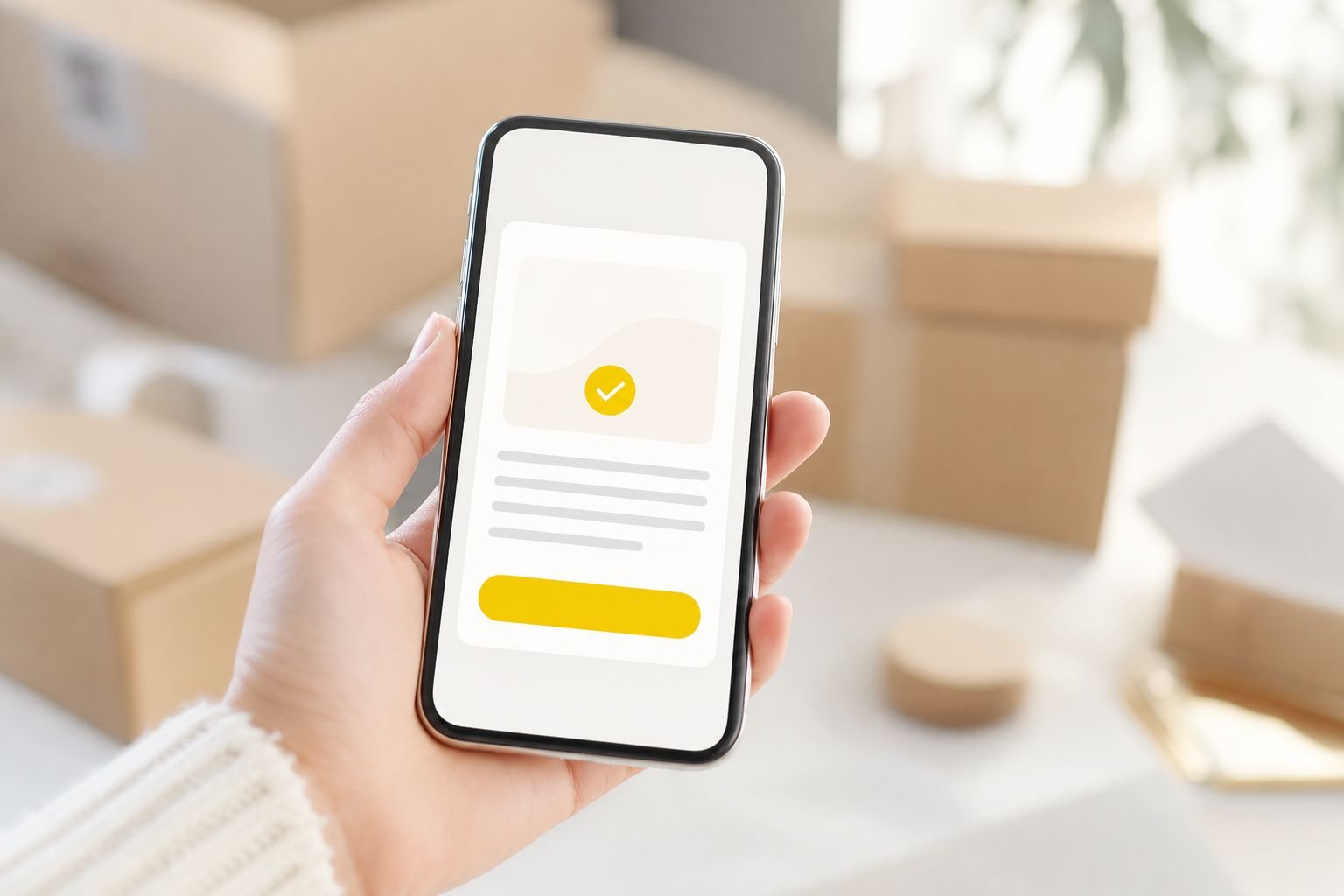 Hand hält ein Smartphone mit einer Freigabe-Karte und gelbem Knopf